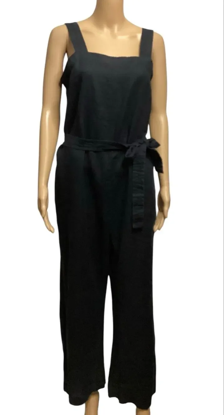 Quince 100% European Linen Square Neck Tie-Waist Jumpsuit Black Large